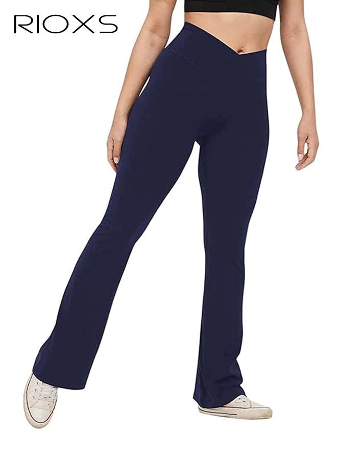 RIOXS Women's Flare Leggings, Ladies V Crossover Yoga Pants, Tummy Control High-Waisted Wide Leg Trousers, Gym Bootcut Yoga Pants, Bell Bottoms For Women, Deep Blue - Image 2